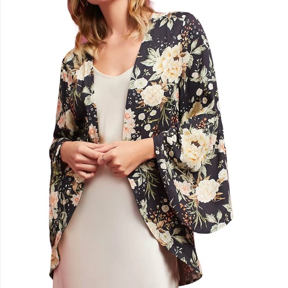 Farm Rio Sz OS floral stars jacket flared sleeve black pink Anthropologie s m l - Picture 1 of 8